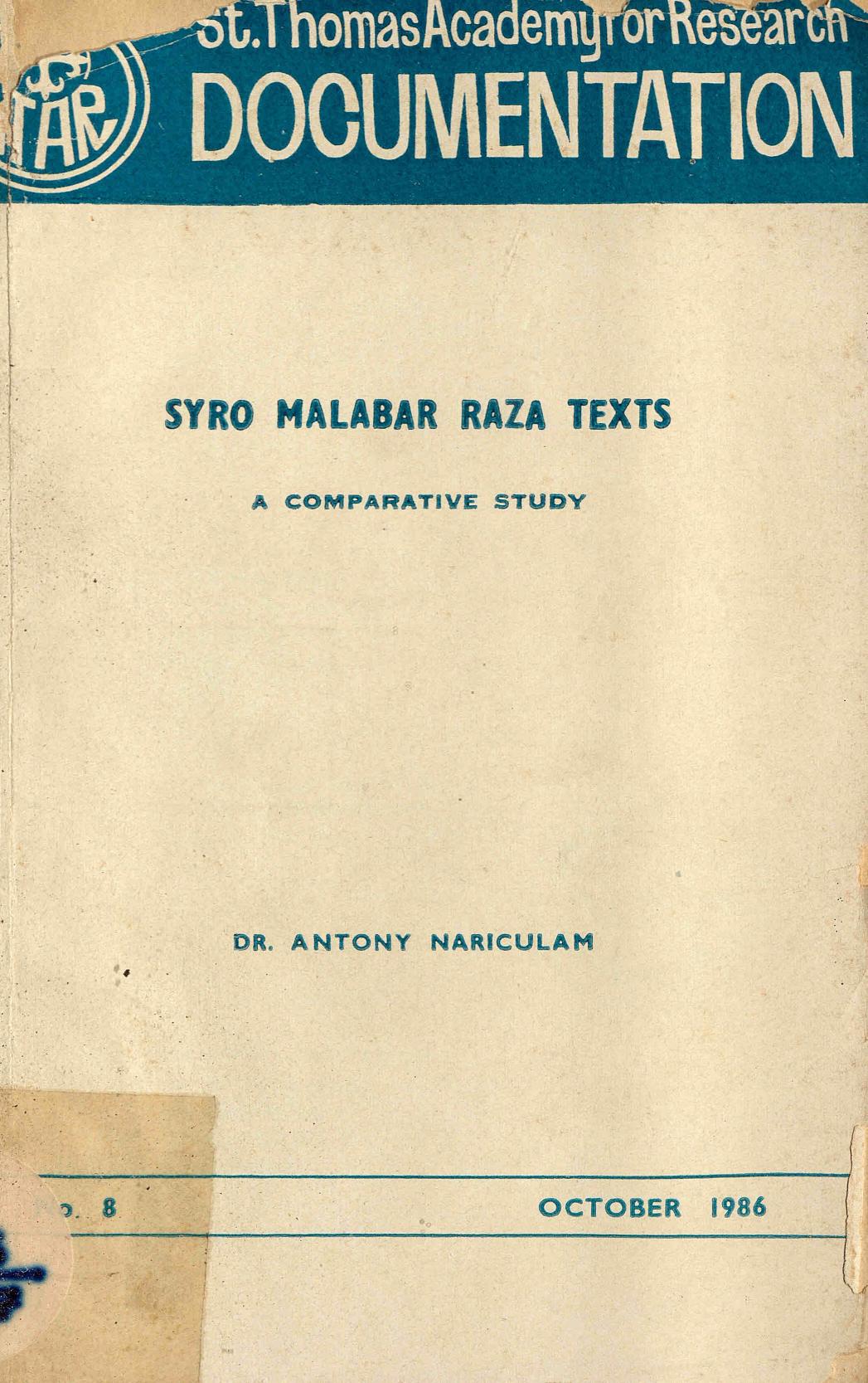  1986 - Syro Malabar Raza Texts - Antony Nariculam