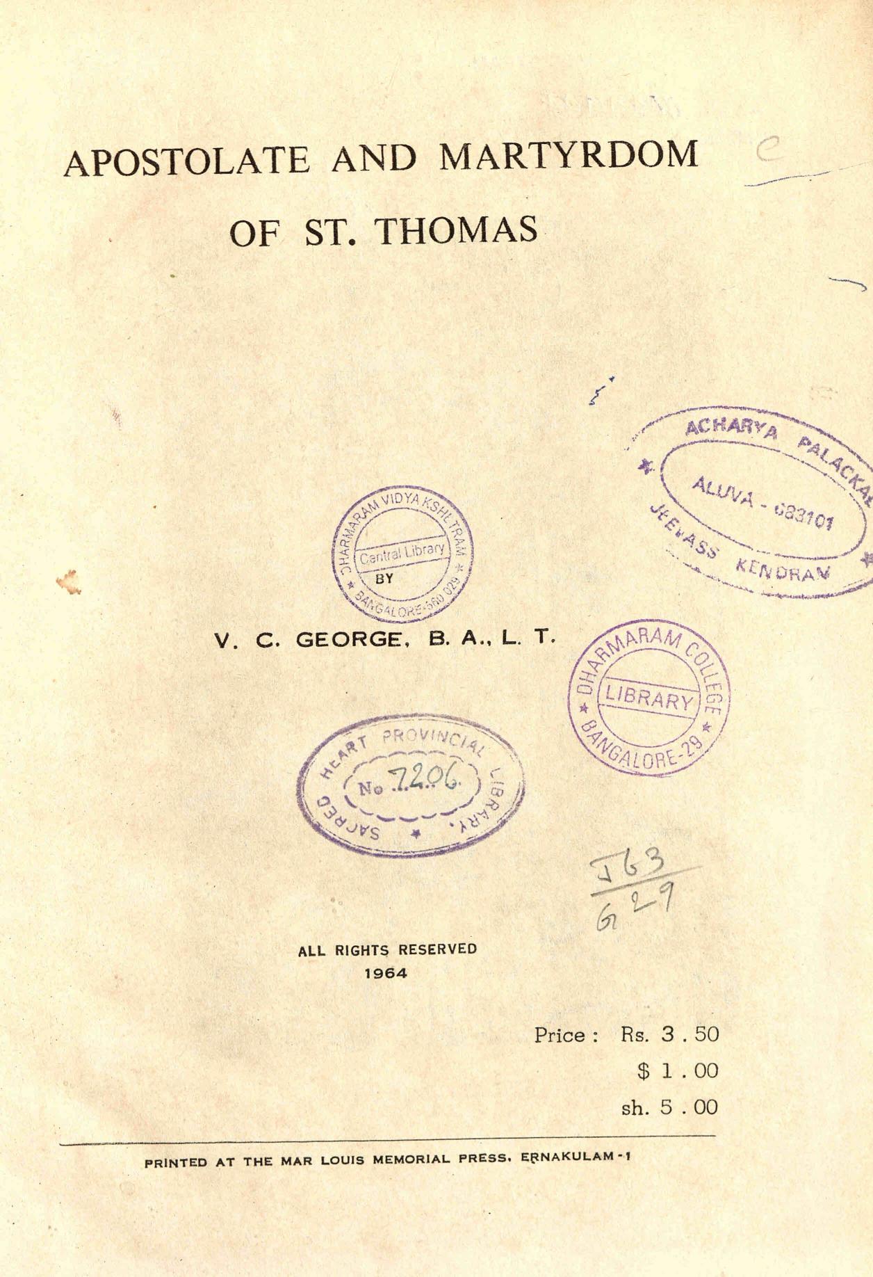 1964 - Apostolate and Martyrdom of St. Thomas - V. C. George