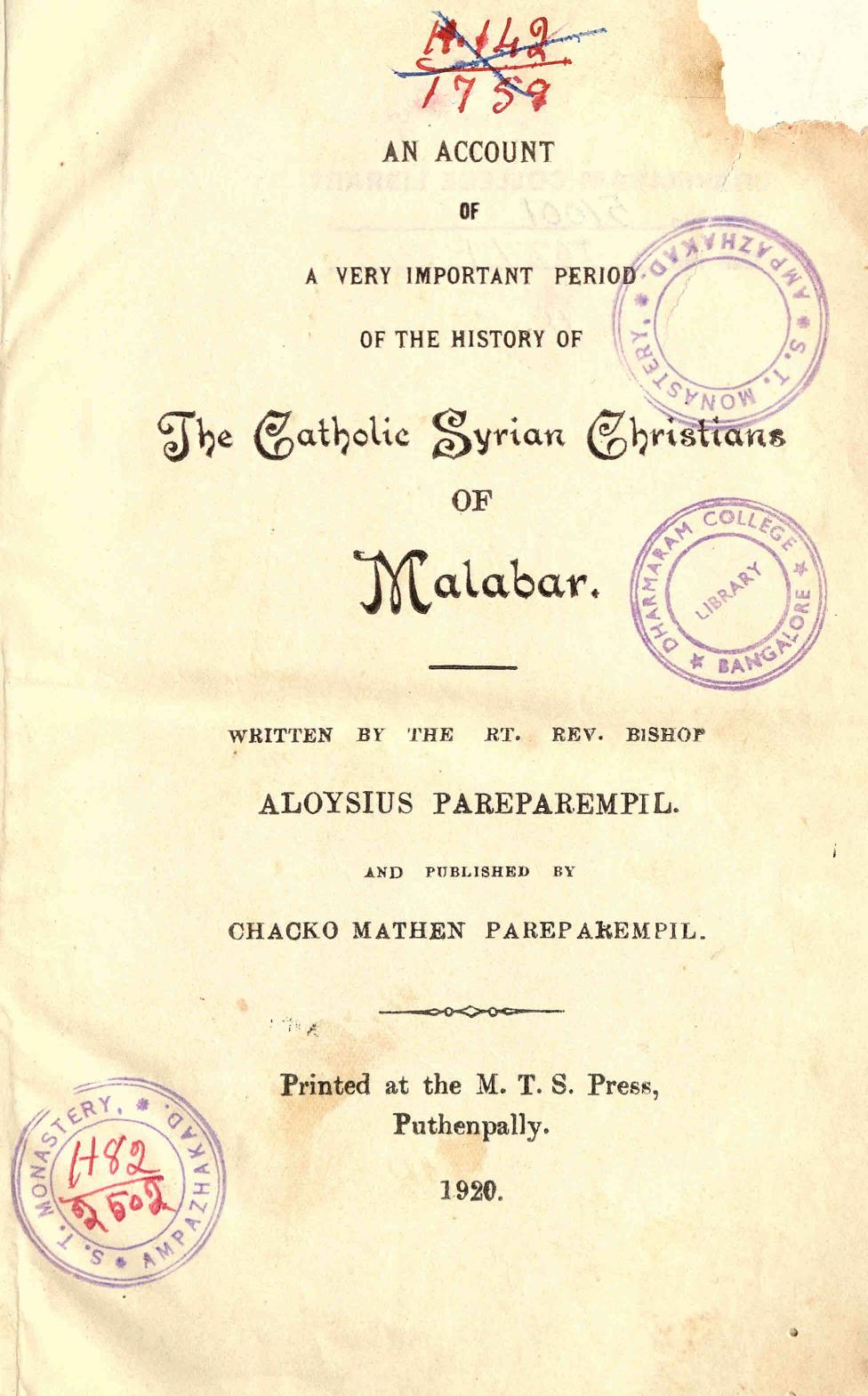  1920 - Catholic Syrian Christians of Malabar - Bishop Aloysius Pareparampil