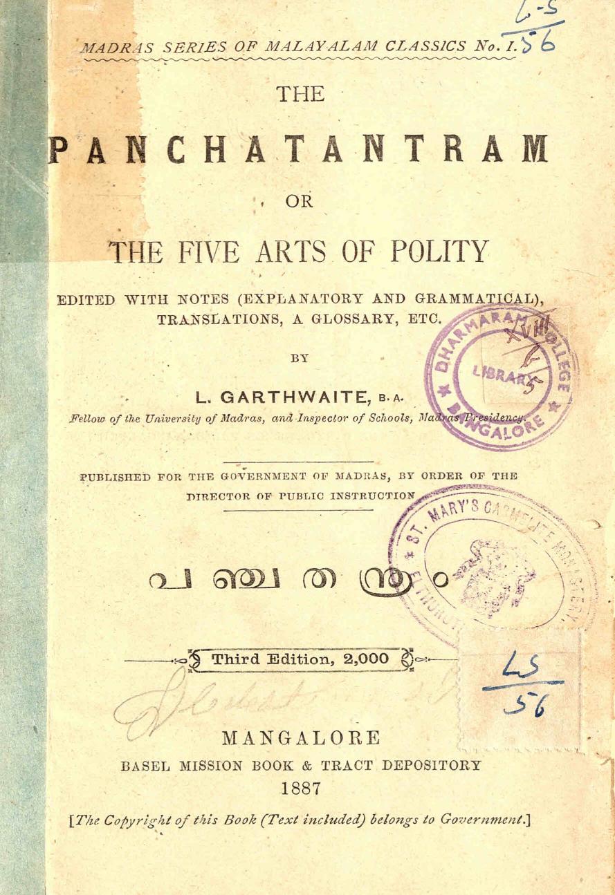  1887 - Panchathanthram - L. Garthwaite