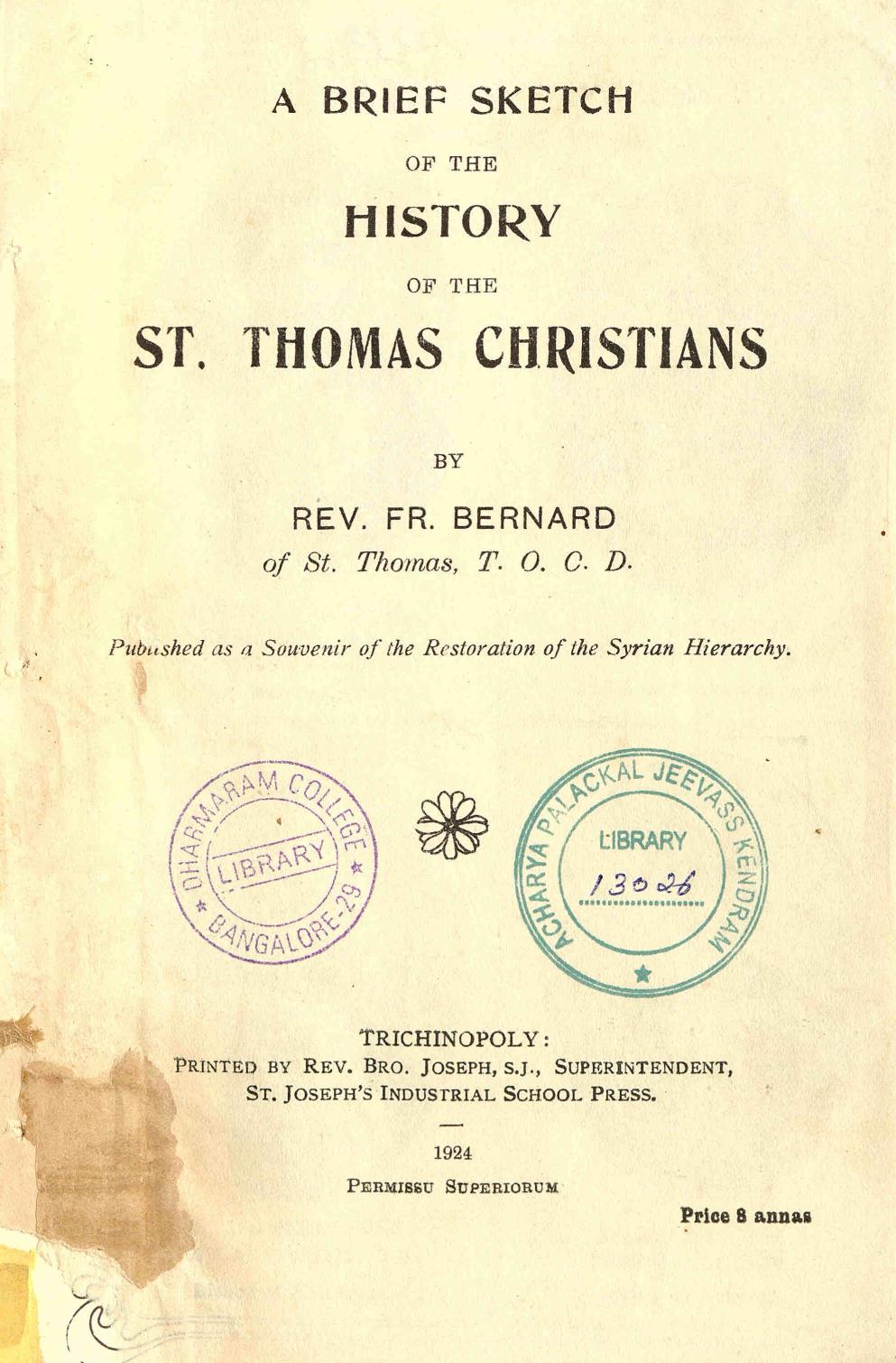 1924 - A Brief Sketch of St. Thomas Christians - Bernard