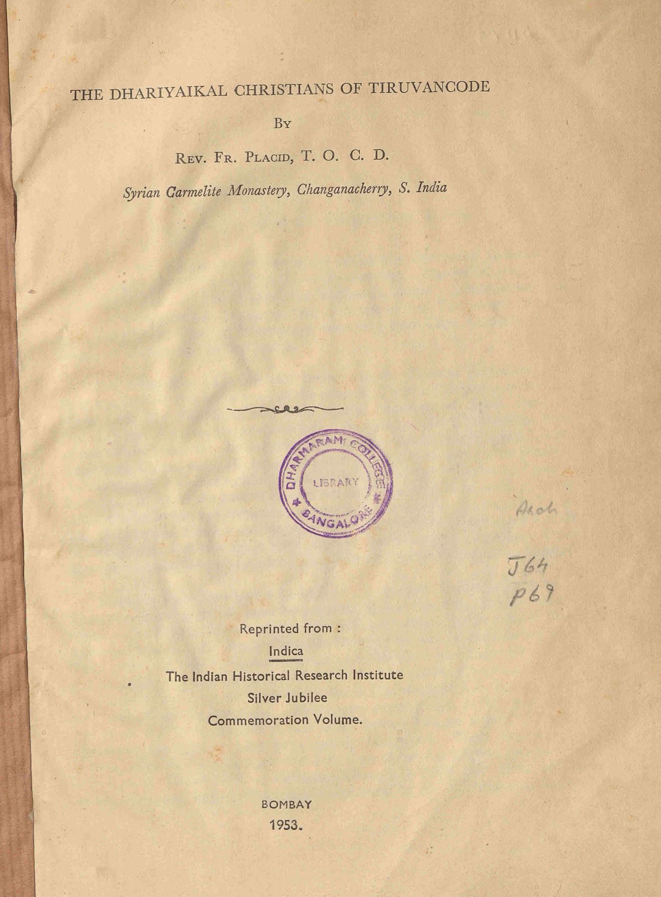 1953 - The Dhariyaikal Christians of Tiruvancode - Placid Podipara