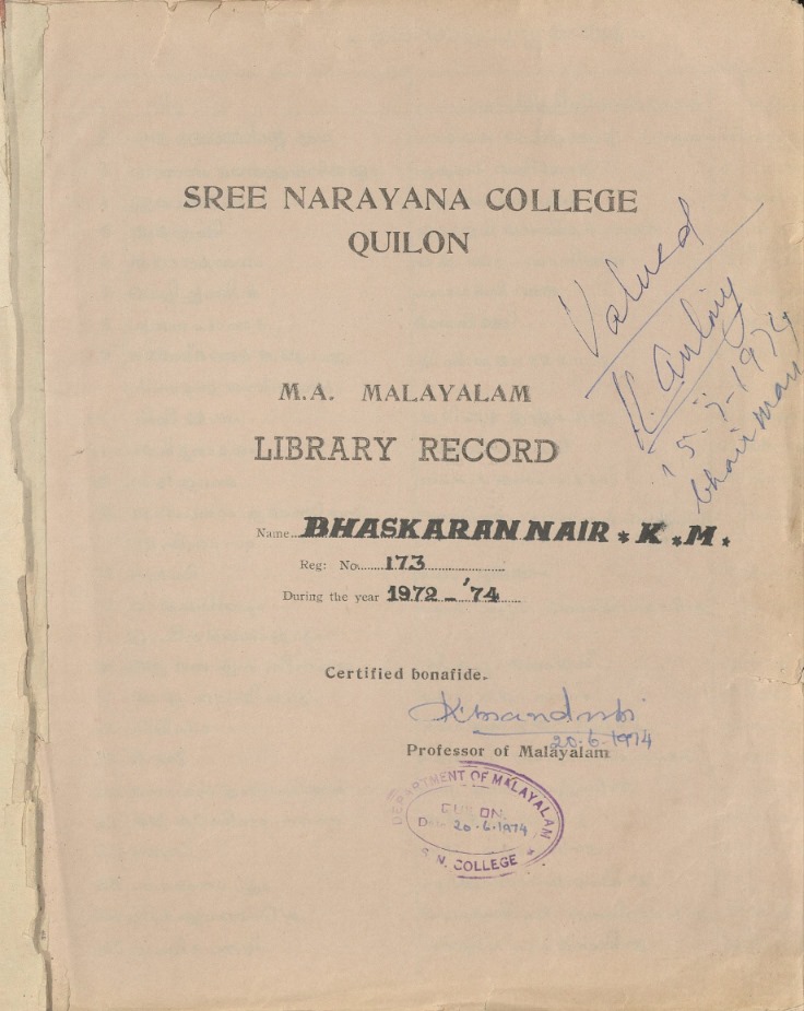 1974 - M. A. Malayalam Library Record - K. M. Bhaskaran Nair