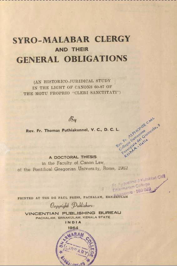  1964 - Syro Malabar Clergy and their General Obligations - Thomas Puthiakunnel