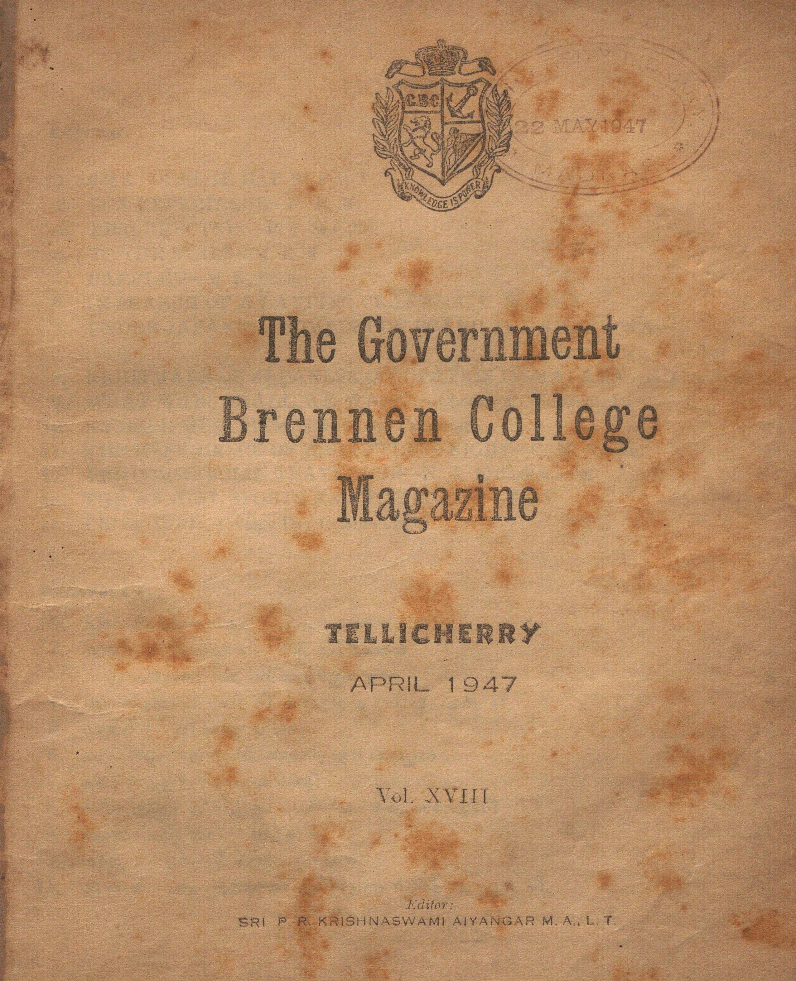 1947 - The Government Brennen College Magazine Tellicherry