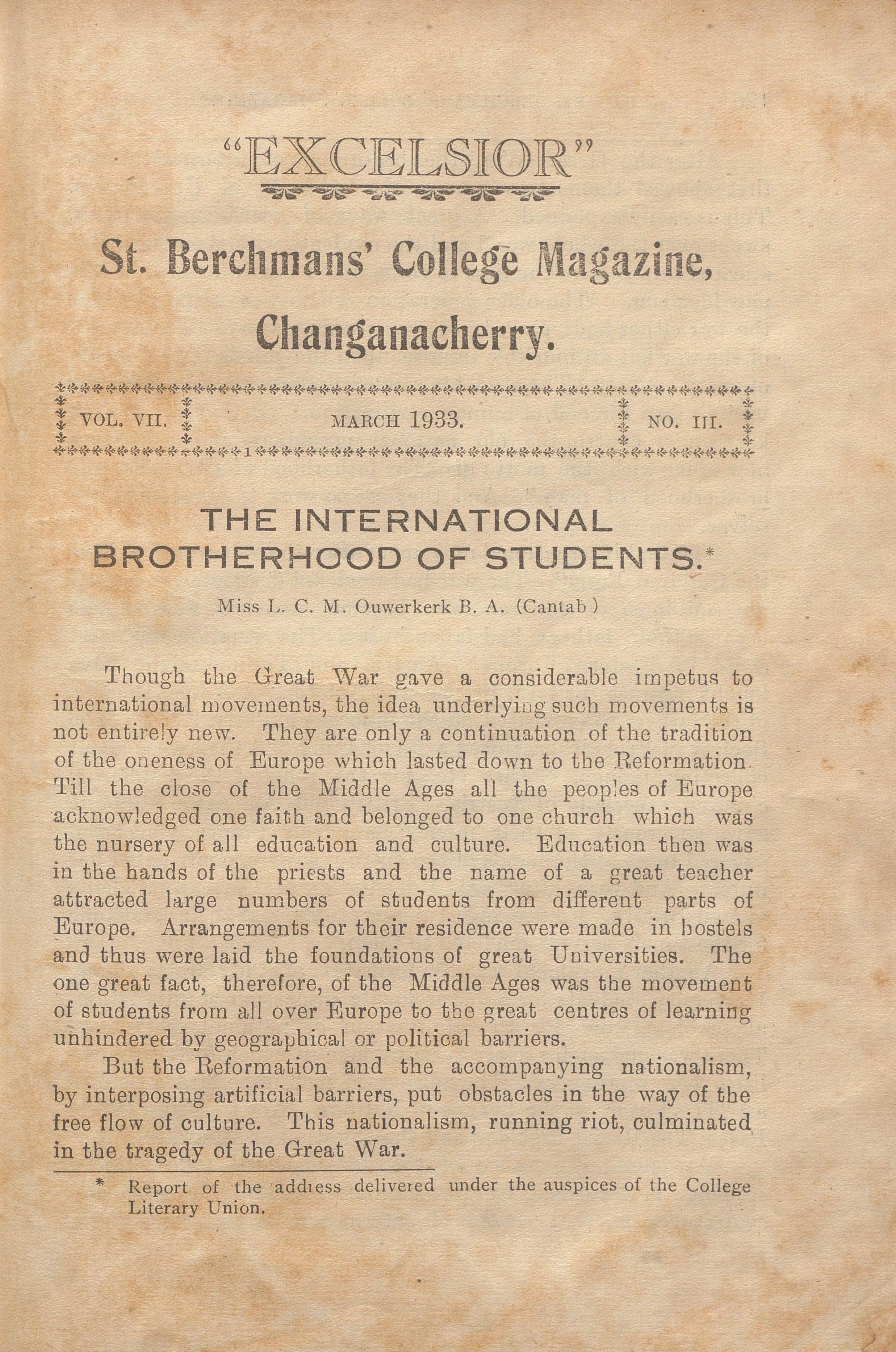 1933 - March - The Excelsior St. Berchmans College Changanacherry Magazine