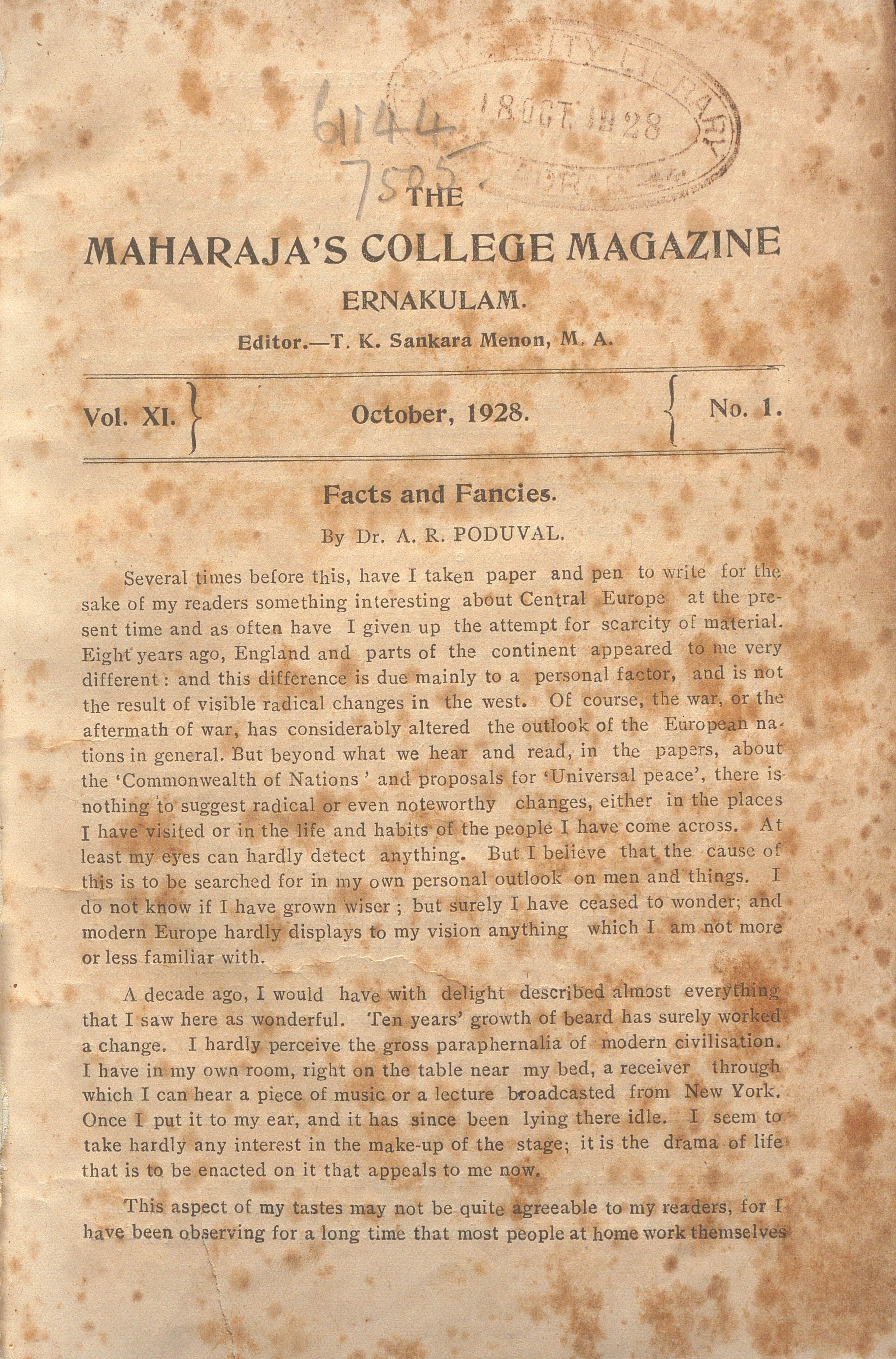  1928 - Ernakulam Maharaja's College Magazine - October- Vol. XI - Issue - 01