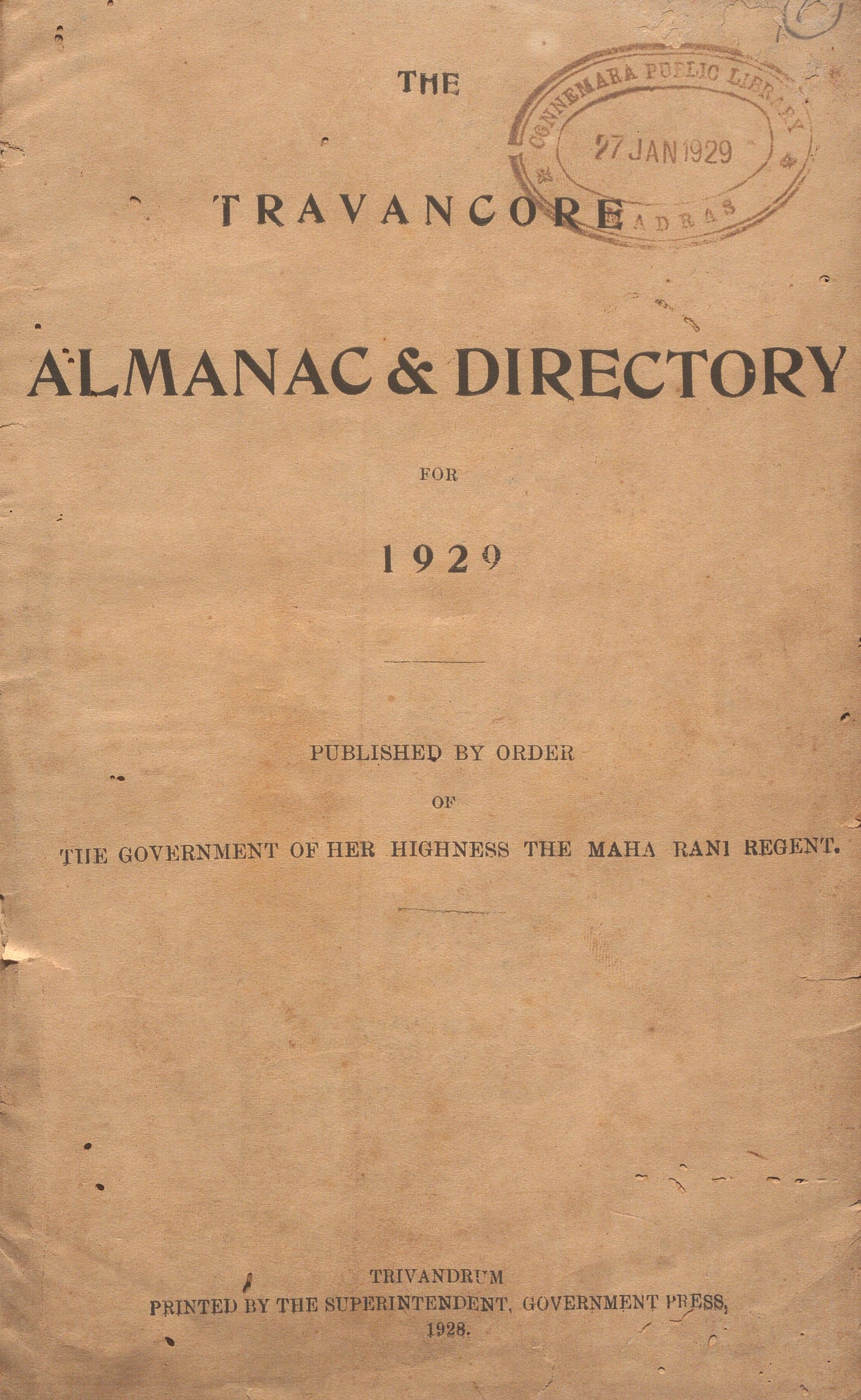 1928 -Travancore Almanac & Directory For 1929