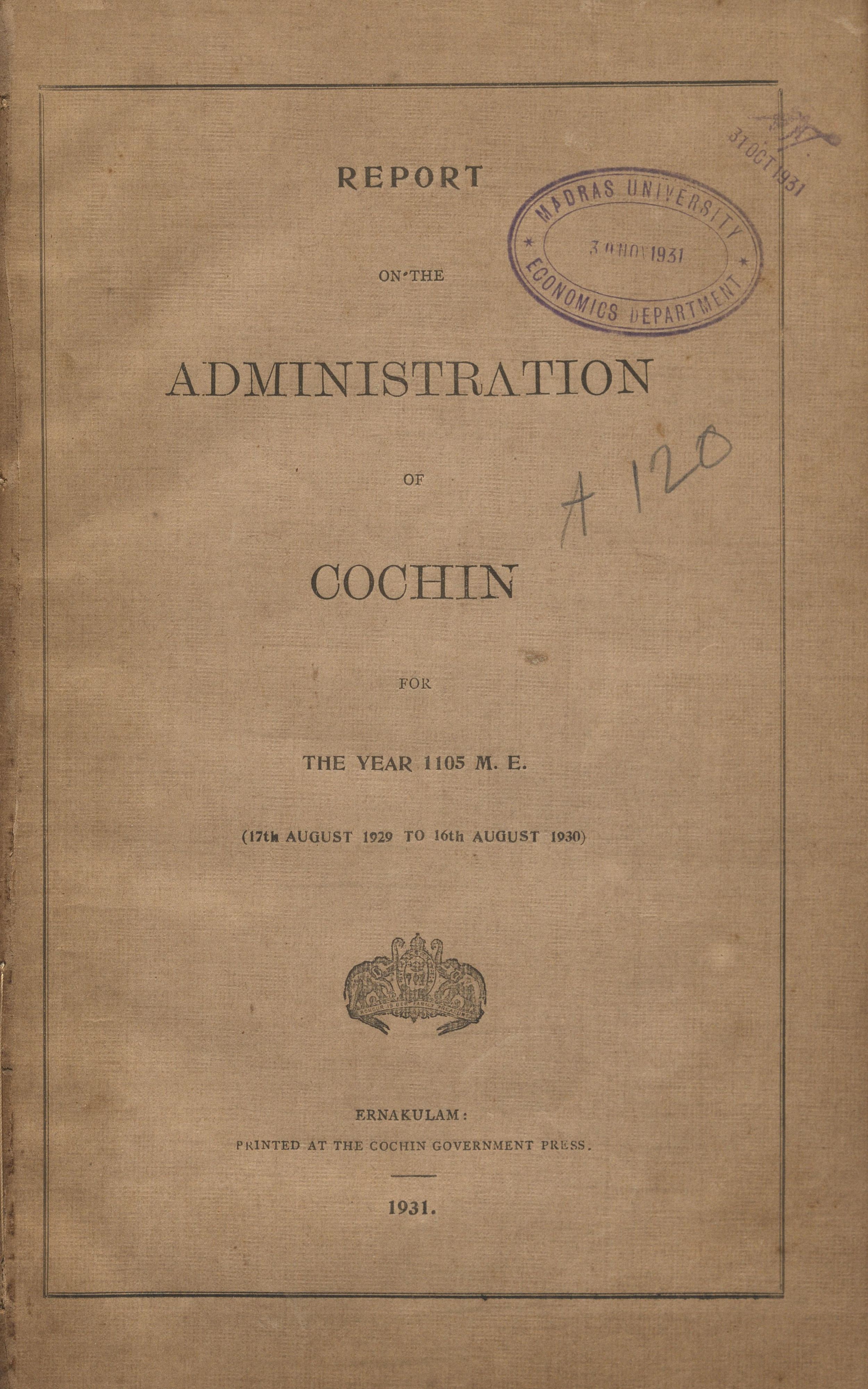 1931- Report On The Administartion Of Cochin For The year 1929-1930