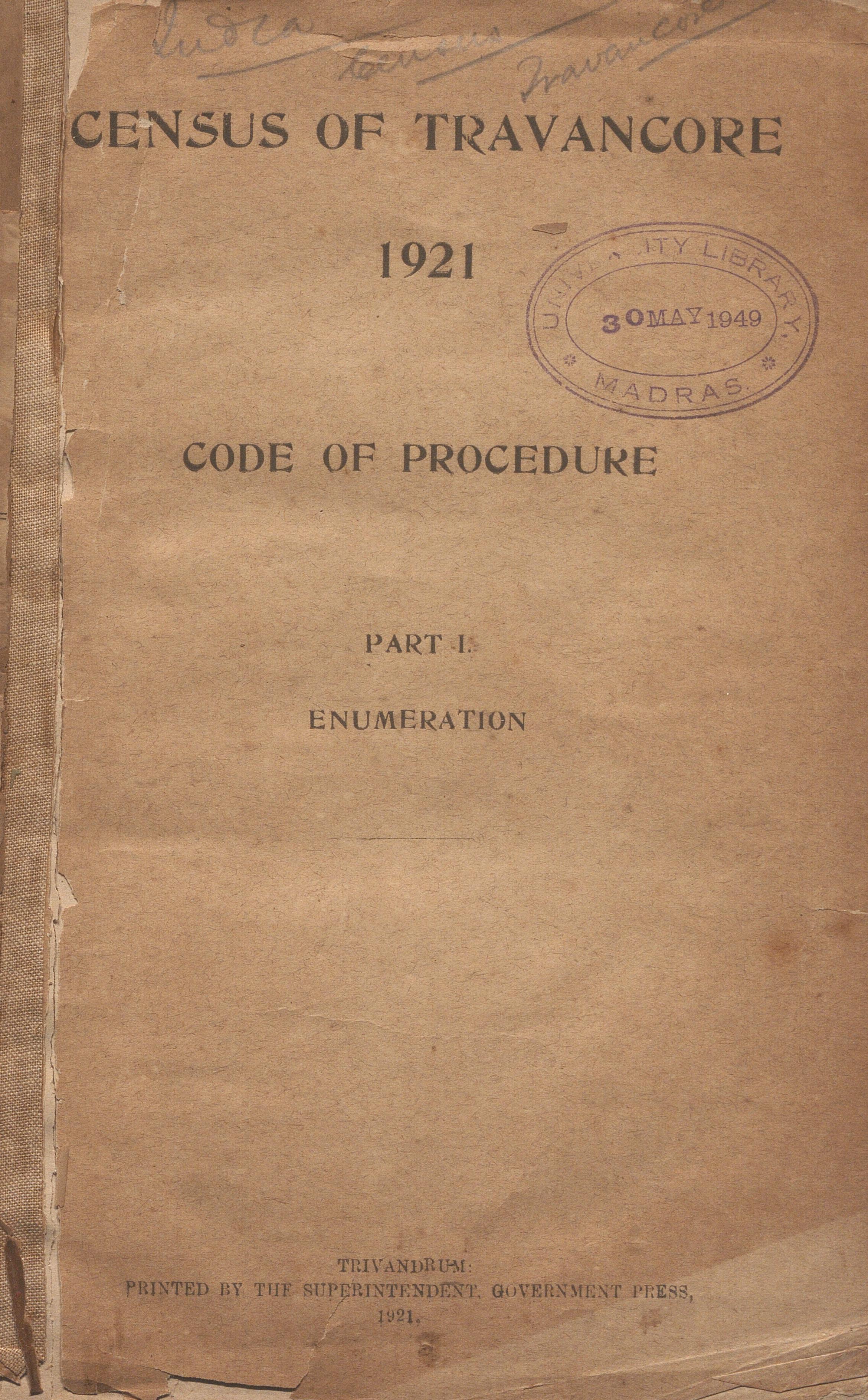 1921 - Census Of Travancore-Code Of Procedure-Part-01-Enumeration