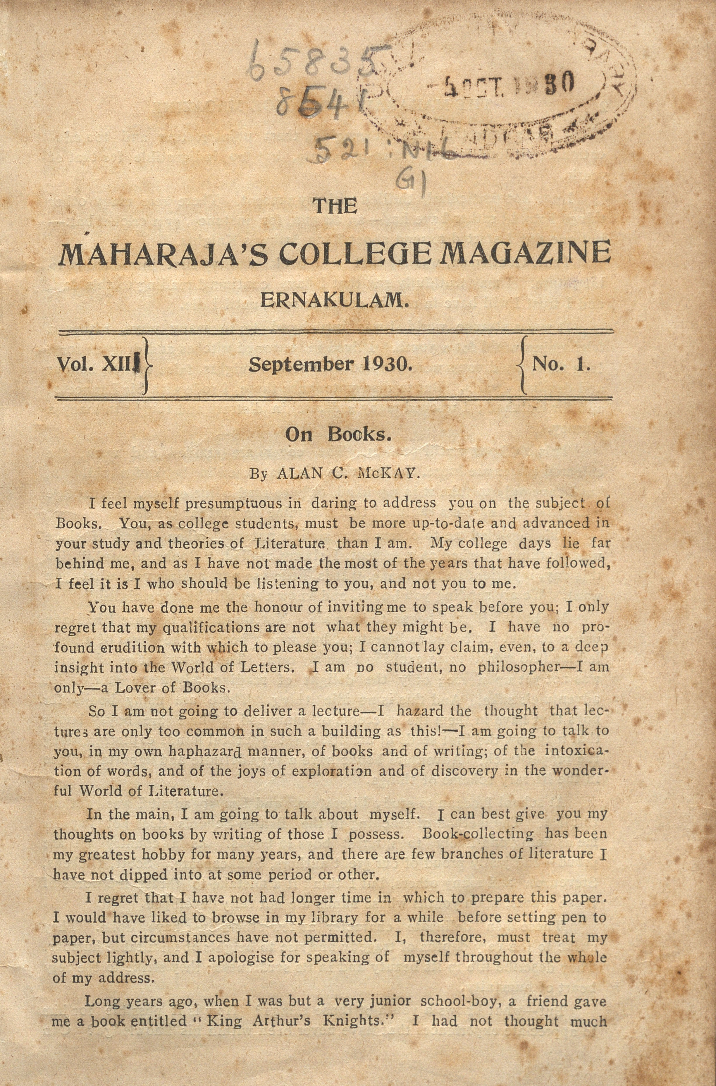 1930 - Ernakulam Maharaja's College Magazine Vol- XIII - Issue - 01