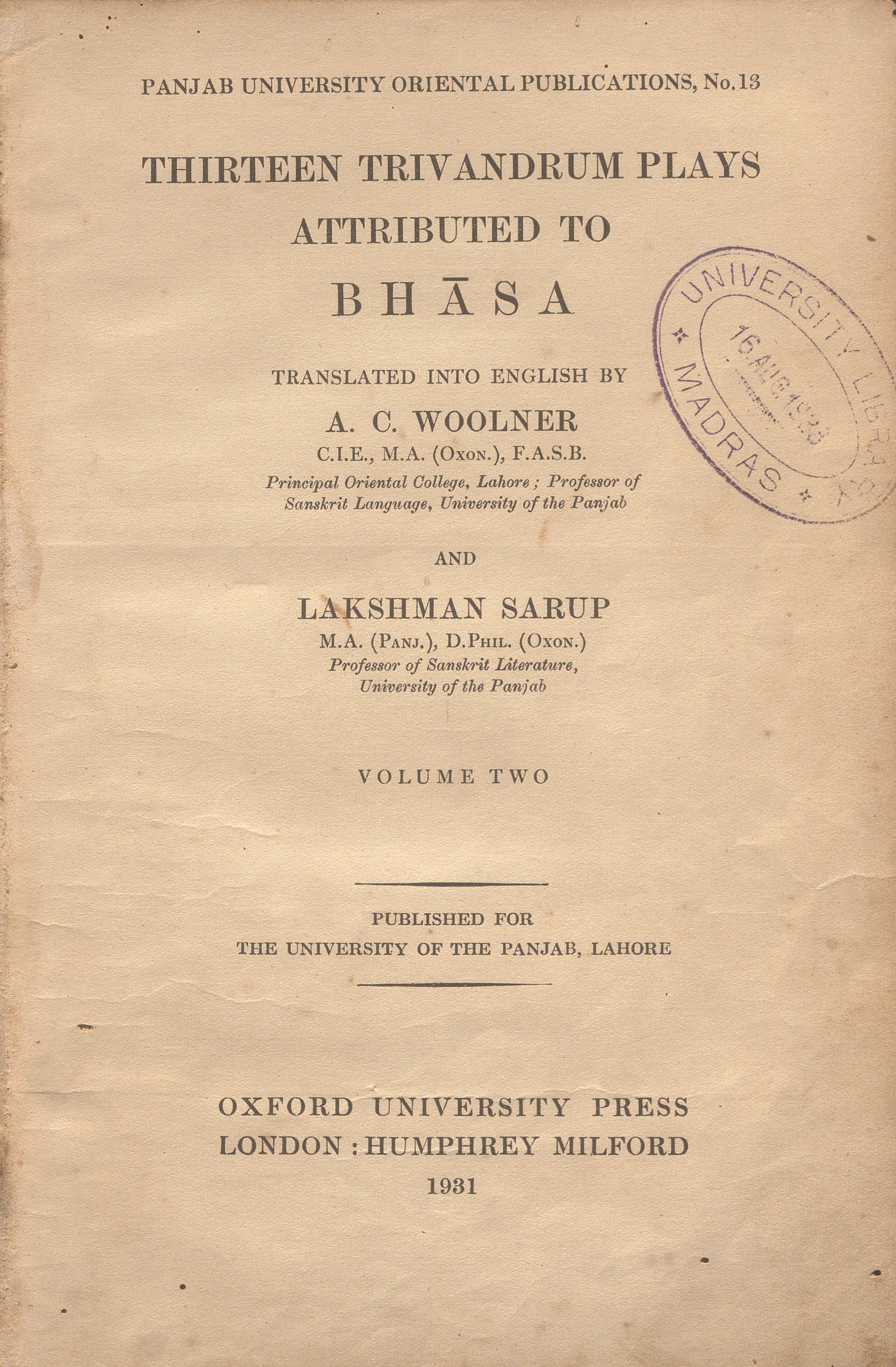 1931 -Thirteen Trivandrum Plays Attributed To Bhasa- Volume II