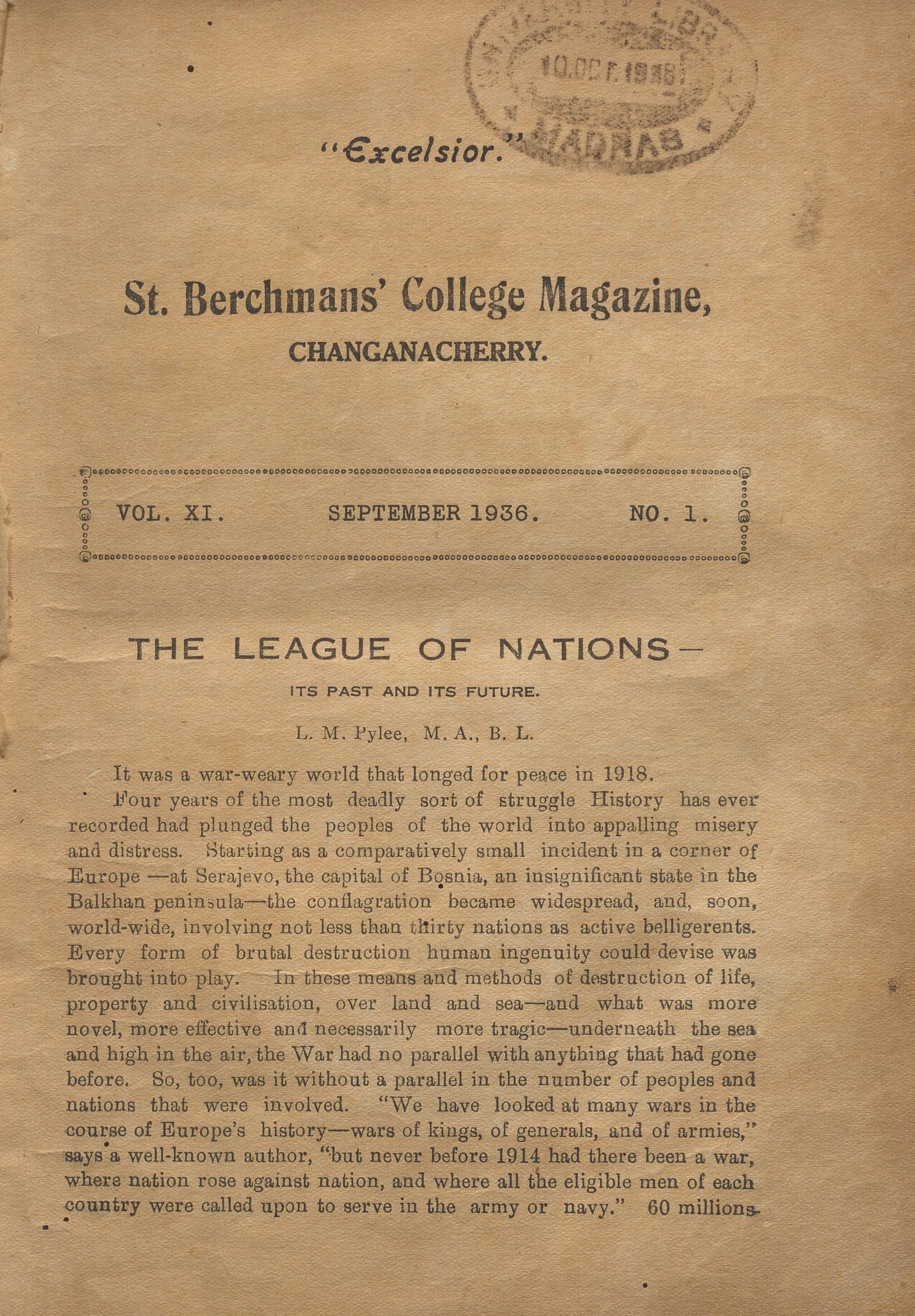 1936 - The Exelsior - St. Berchmans College Magazine - Changanacherry