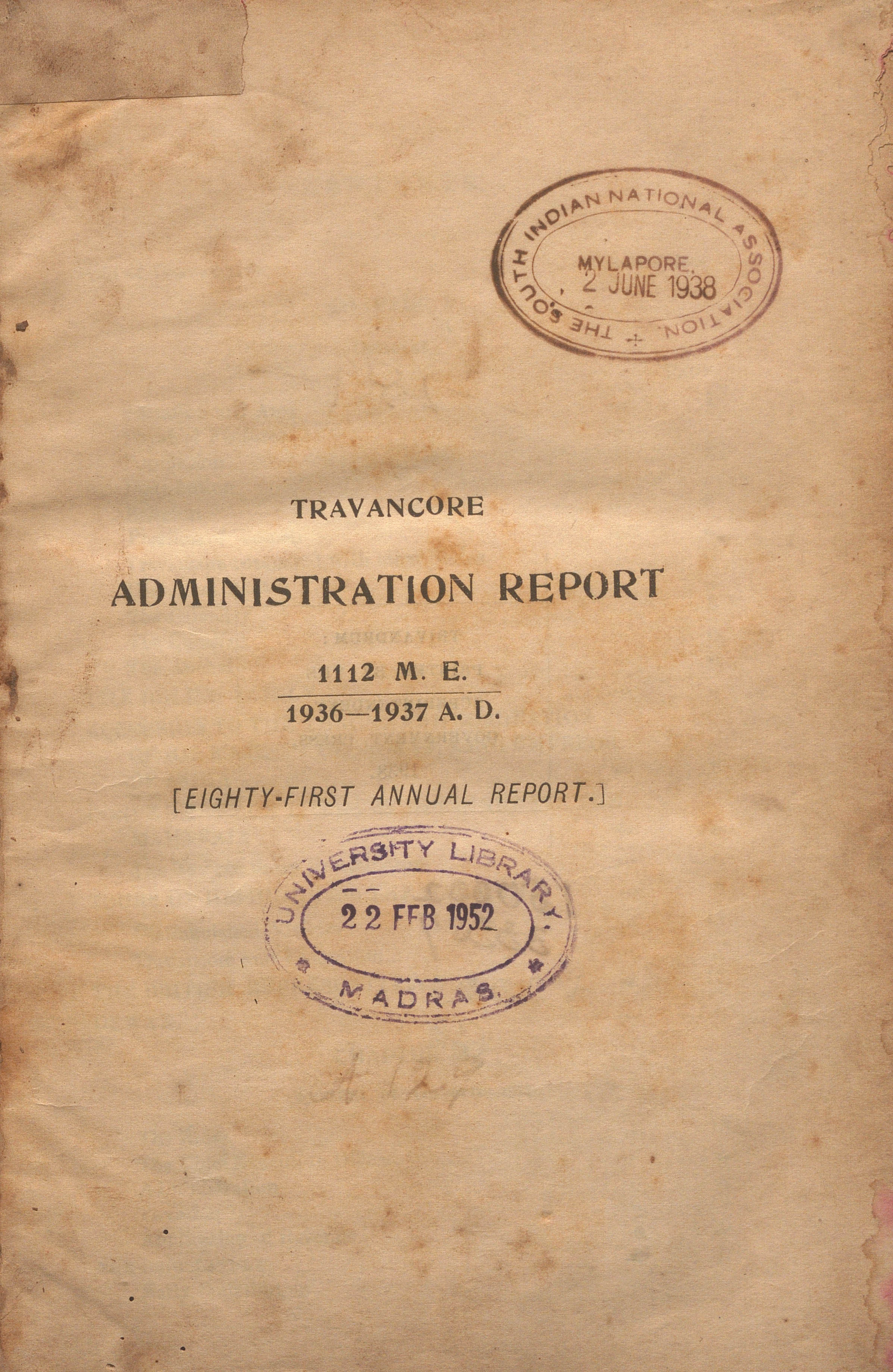 1938-Travancore Administration Report For 1936 -1937 A.D