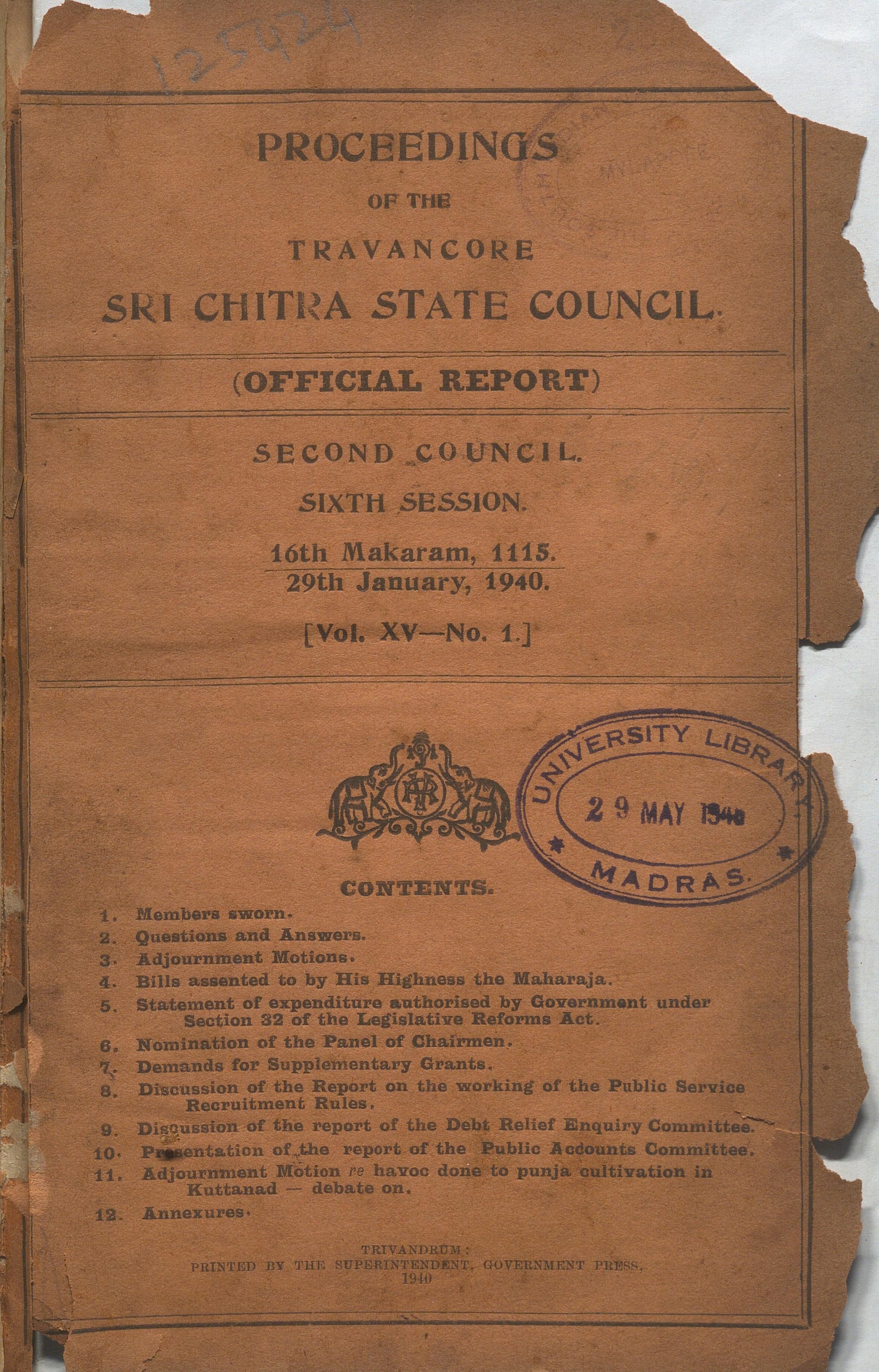 1940 - Proceedings Of The Travancore Sri Chitra State Council Official Report Second Council Third Session Volume XV (No. I to VI)