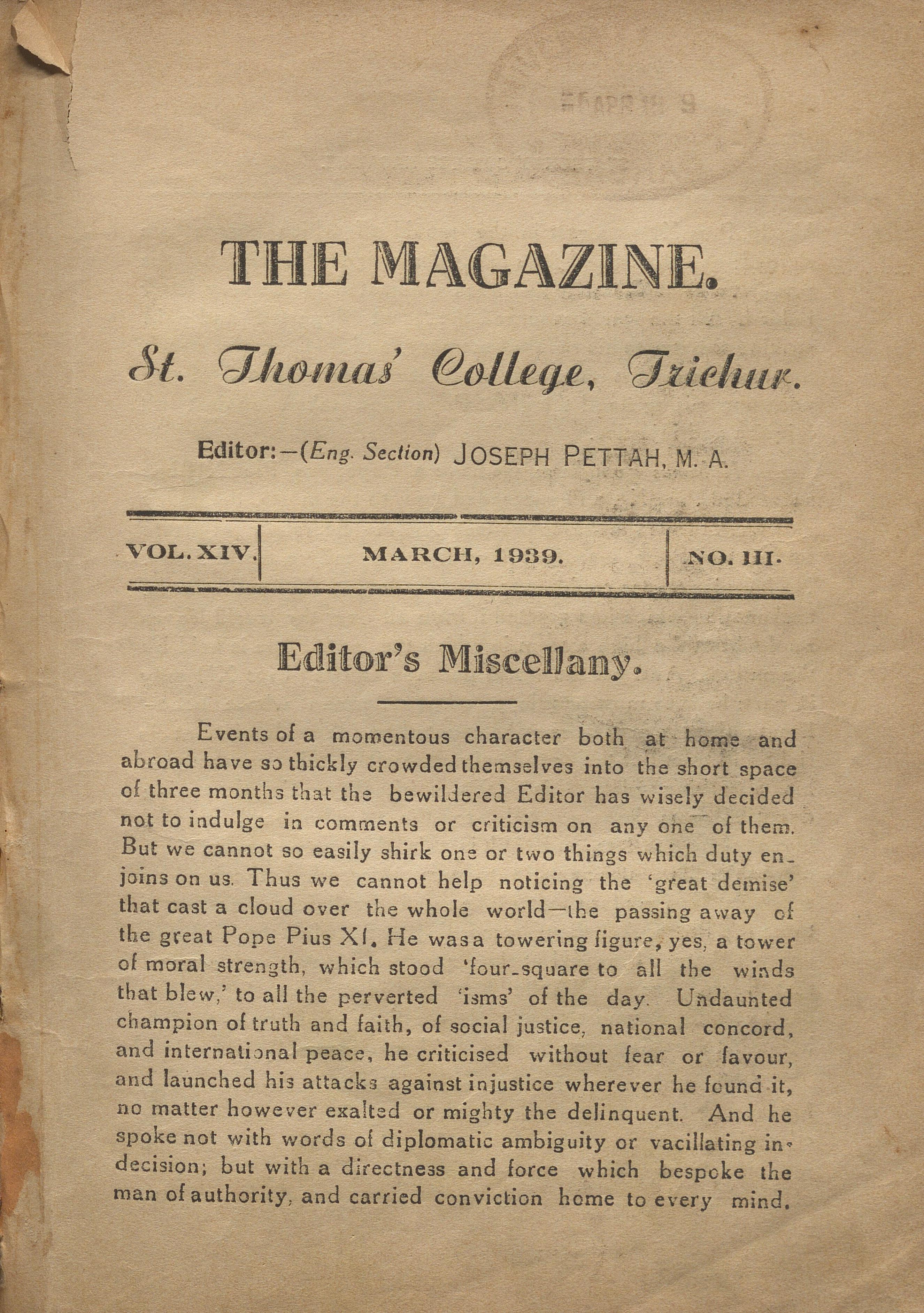1939 - March - St. Thomas College Trichur Magazine