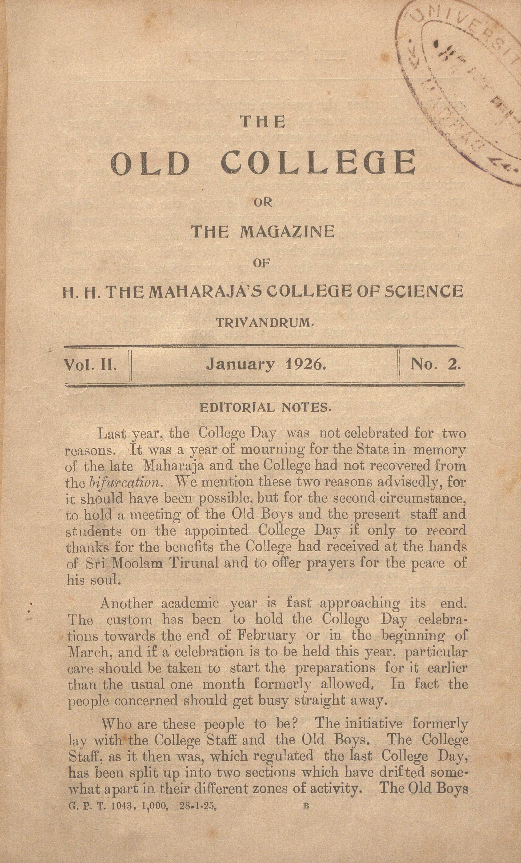 1926 - Trivandrum Maharaja’s College of Science Magazine- Vol. II - Issue 02 and 03