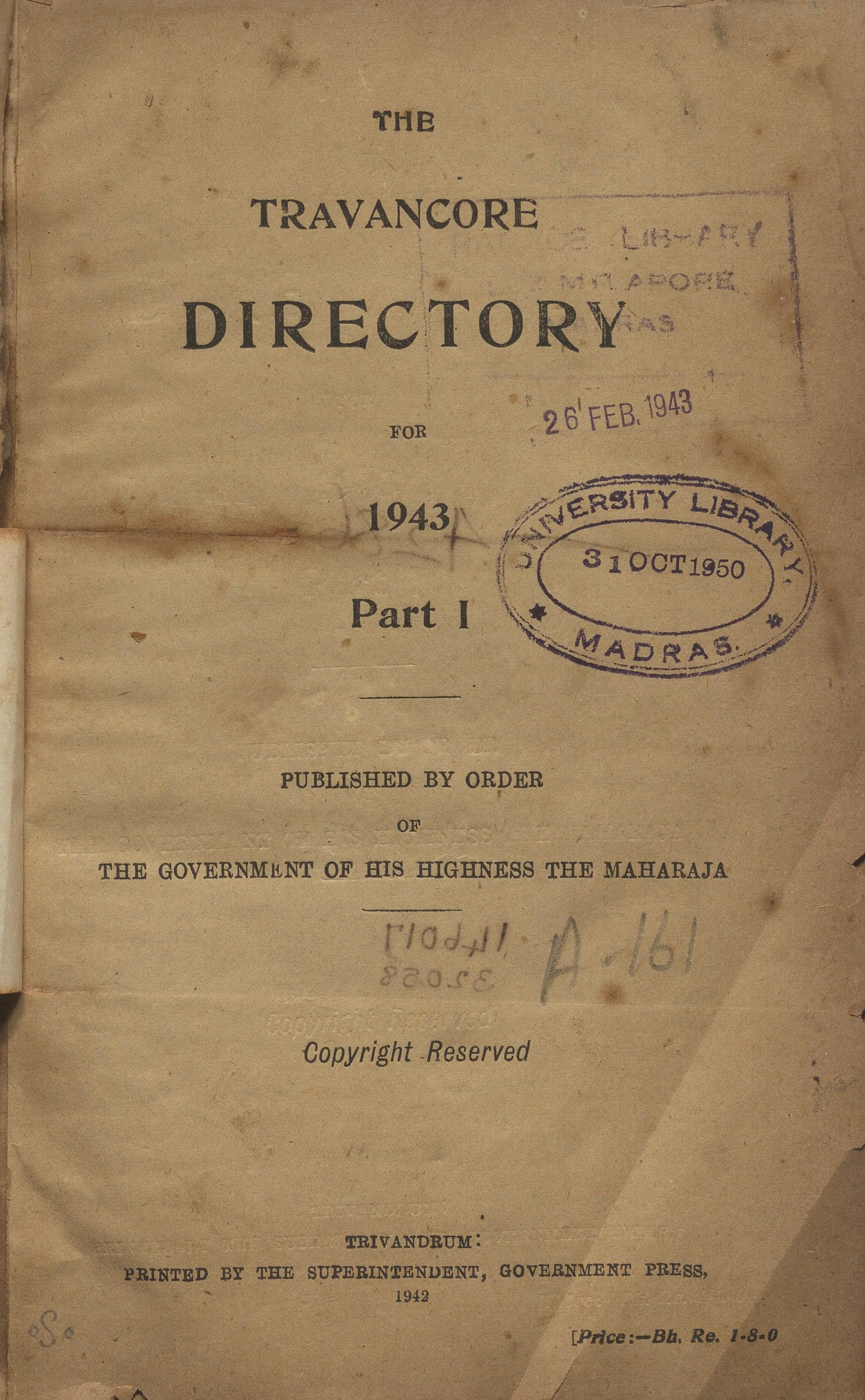 1942- The Travancore Directory for 1943- Part I