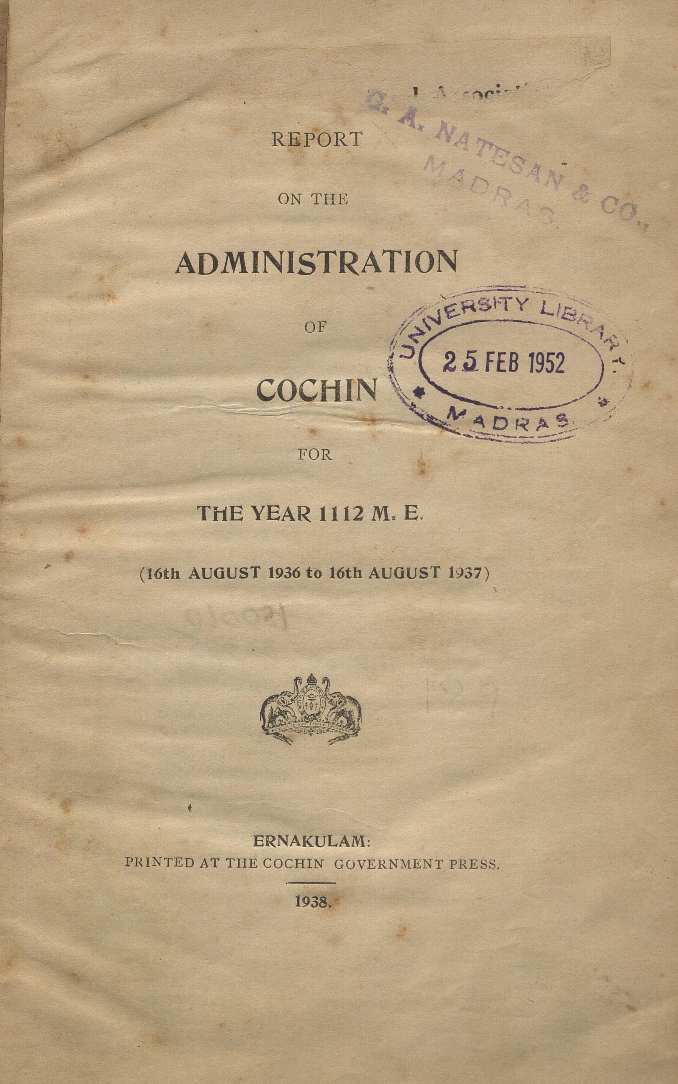 1938 - Report On The Administration Of Cochin For The year 1936-1937