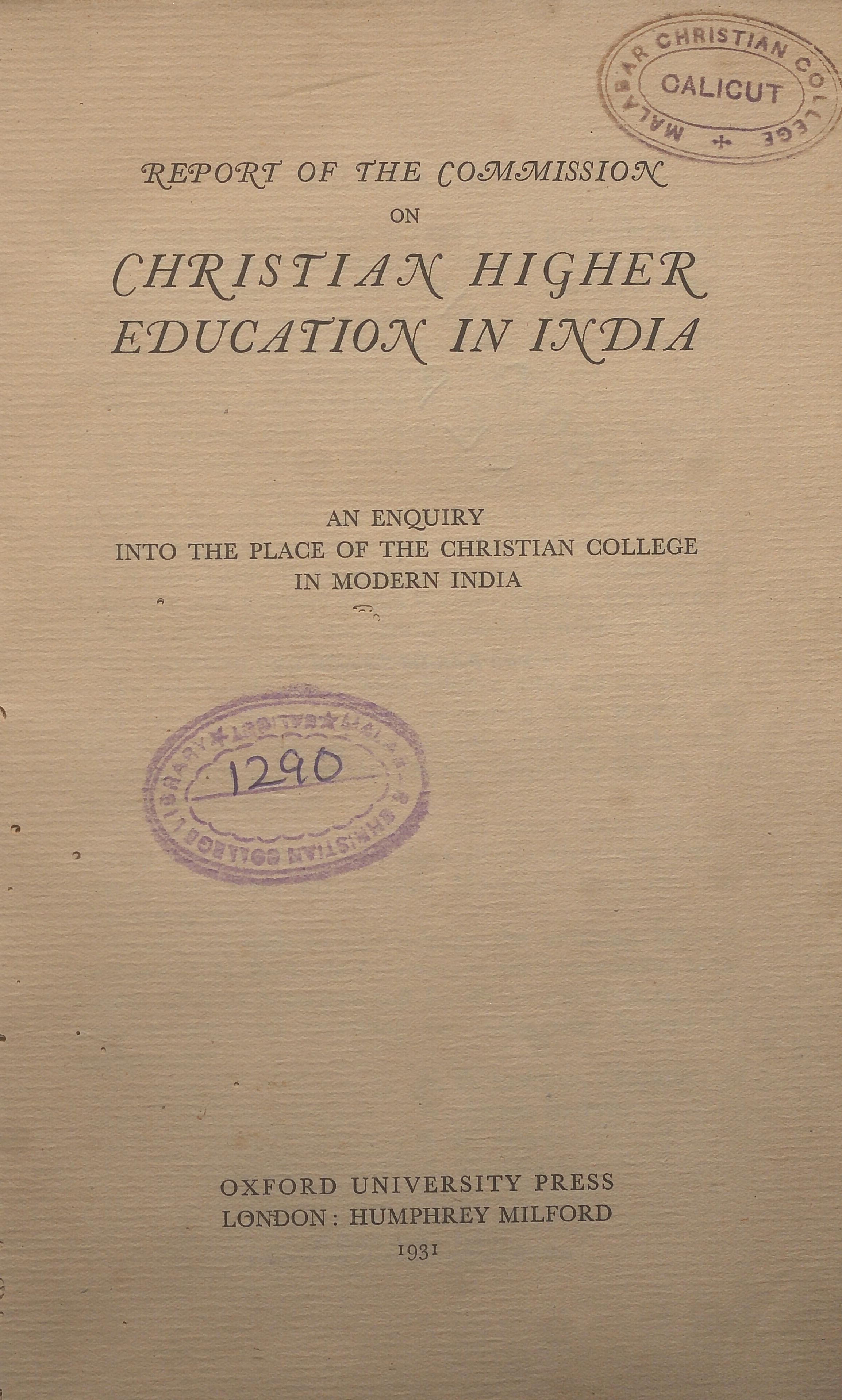 1931-Report of The Commission on Christian Higher Eductaion In India
