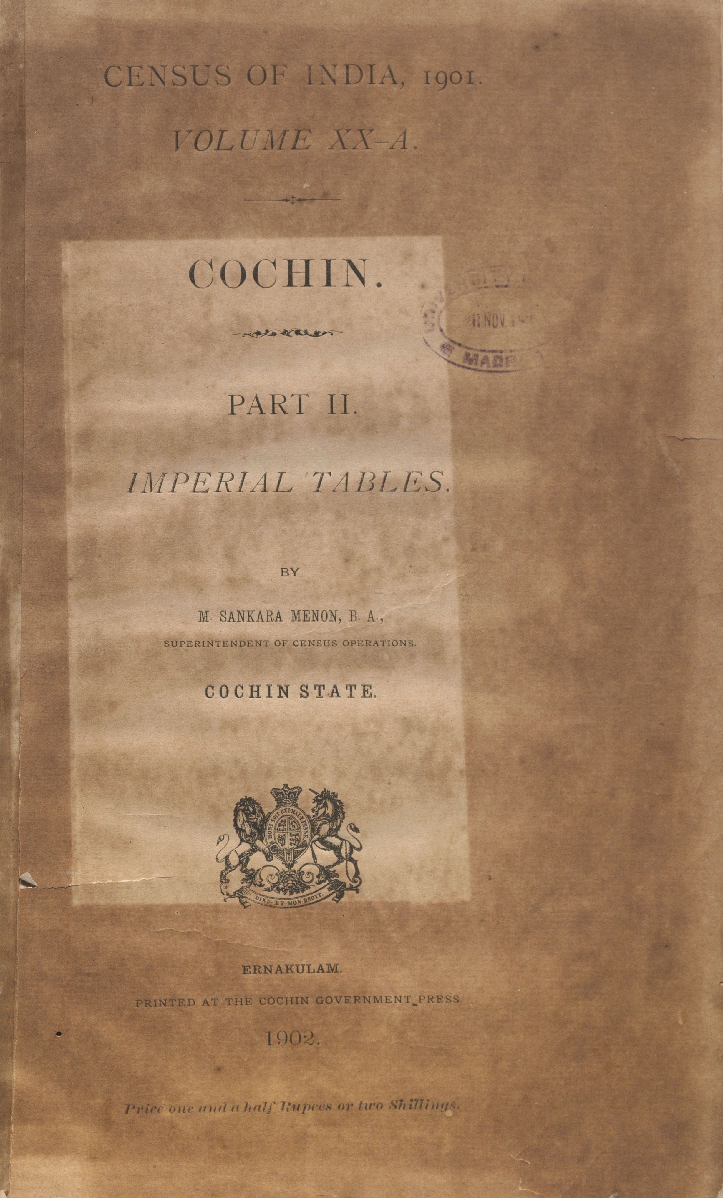 1902 - Census of India - 1901 - Vol. XX - A - Cochin - Part II-Imperial Tables - M. Sankara Menon