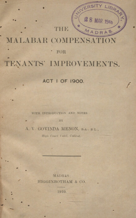  1910 - The Malabar Compensation for Tenants Improvements. Act 1 of 1900